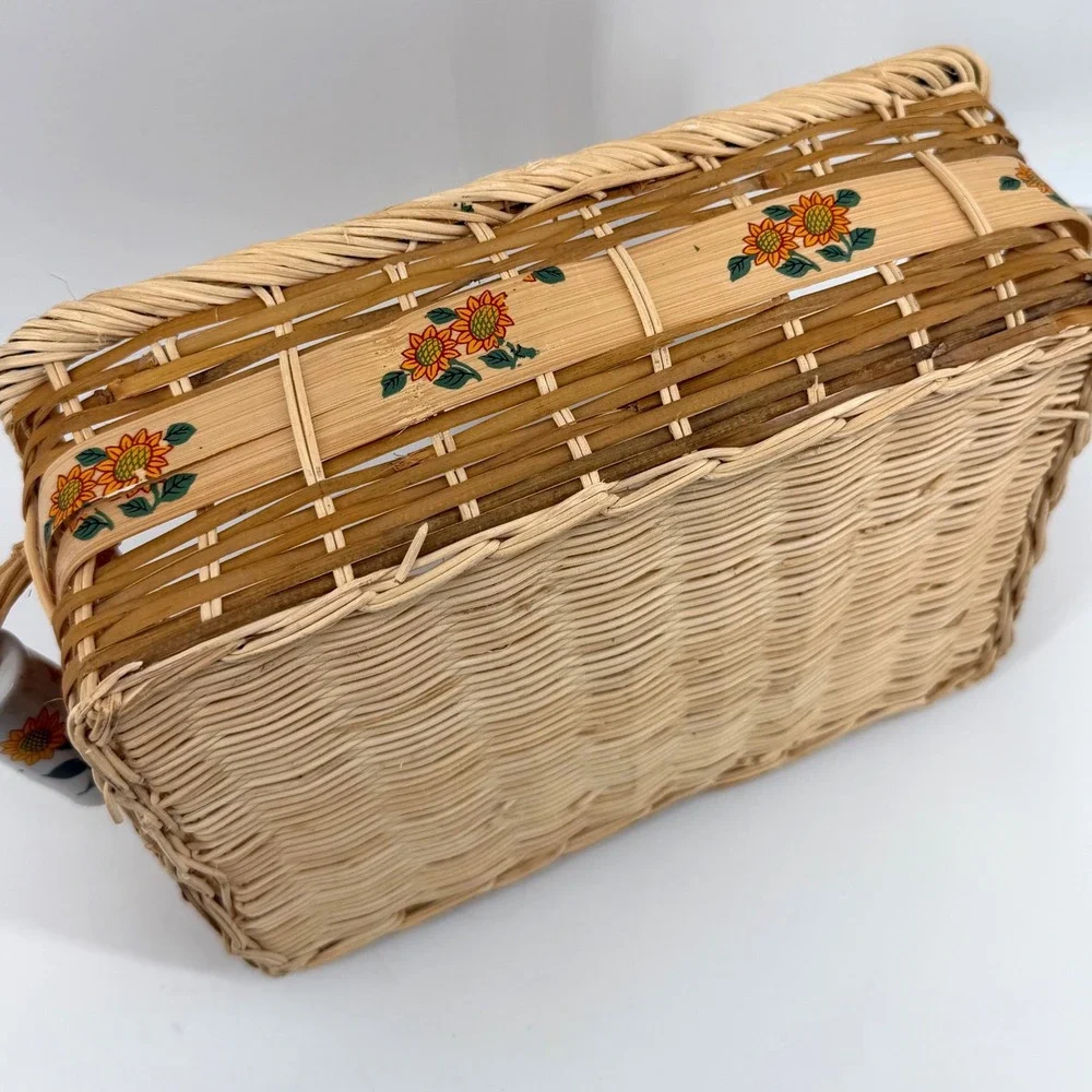 Vintage Sunflower Woven Basket Tray Ceramic Handles Cottagecore Kitchen Decor